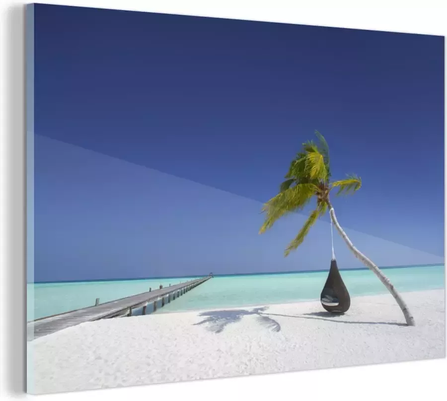 MuchoWow Glasschilderij Hangmat Palmboom Strand 120x80 cm Acrylglas Schilderijen Foto op Glas