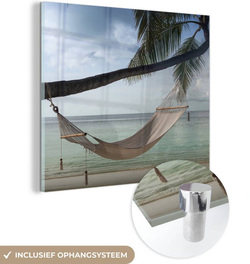 MuchoWow Glasschilderij 90x90 cm Schilderij acrylglas Hangmat Palmboom Zee Foto op glas Schilderijen