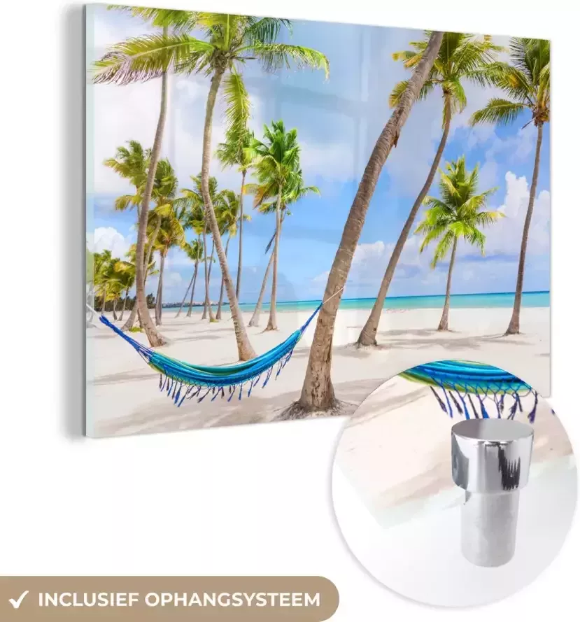 MuchoWow Glasschilderij 90x60 cm Schilderij acrylglas Hangmat Strand Palmbomen Foto op glas Schilderijen