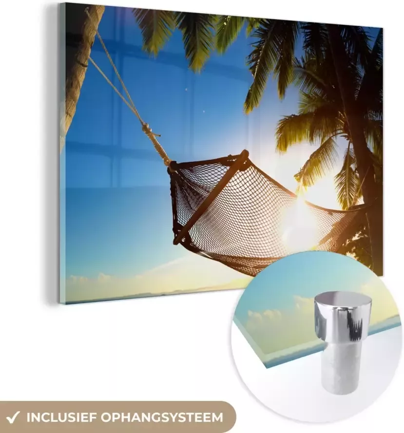 MuchoWow Glasschilderij 120x80 cm Schilderij acrylglas Hangmat Strand Zon Foto op glas Schilderijen