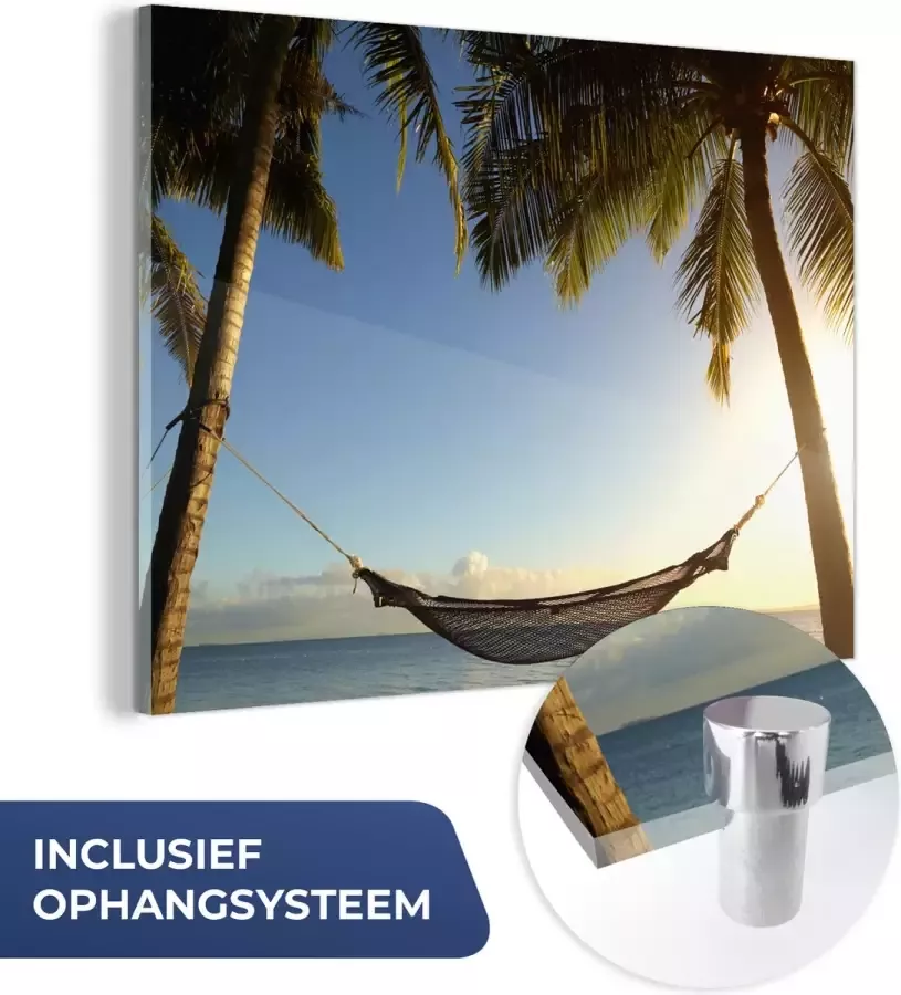 MuchoWow Glasschilderij 160x120 cm Schilderij acrylglas Hangmat Tropisch Palmboom Foto op glas Schilderijen - Foto 2