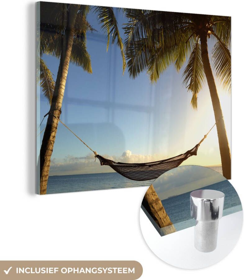 MuchoWow Glasschilderij 40x30 cm Schilderij acrylglas Hangmat Tropisch Palmboom Foto op glas Schilderijen - Foto 1