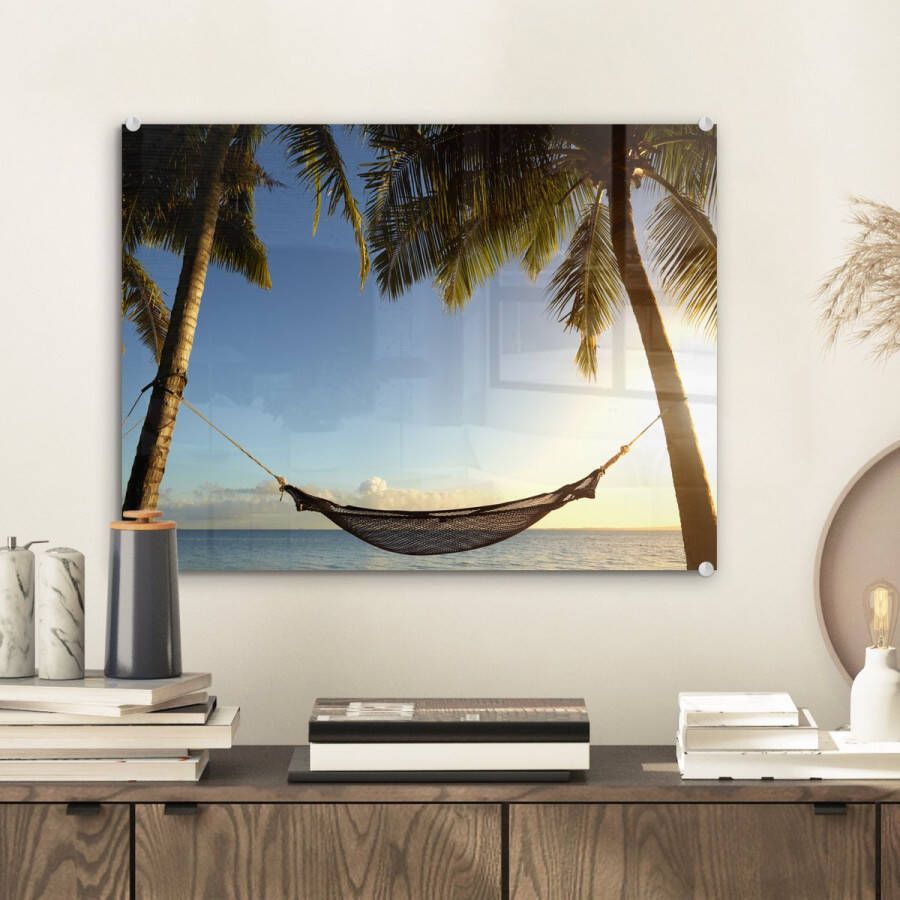 MuchoWow Glasschilderij 40x30 cm Schilderij glas Hangmat Tropisch Palmboom Foto op acrylglas Schilderijen