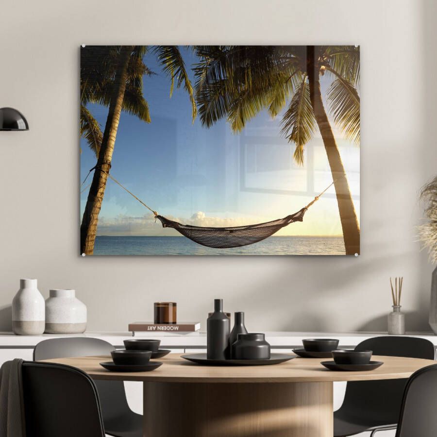 MuchoWow Glasschilderij Hangmat Tropisch Palmboom 80x60 cm Acrylglas Schilderijen Foto op Glas