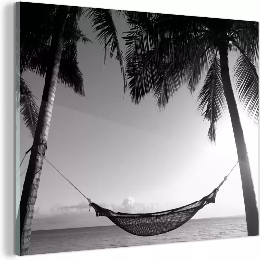 MuchoWow Glasschilderij Hangmat tussen palmbomen op een tropisch strand zwart wit 80x60 cm Acrylglas Schilderijen Foto op Glas