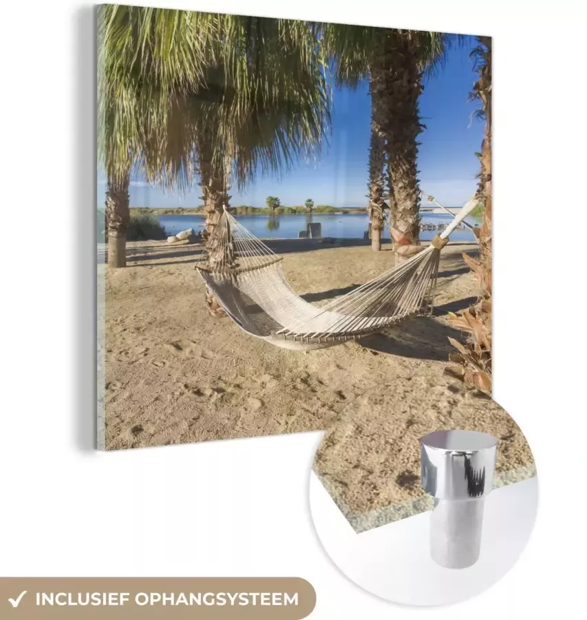 MuchoWow Glasschilderij 90x90 cm Schilderij acrylglas Hangmat Zand Palmboom Foto op glas Schilderijen