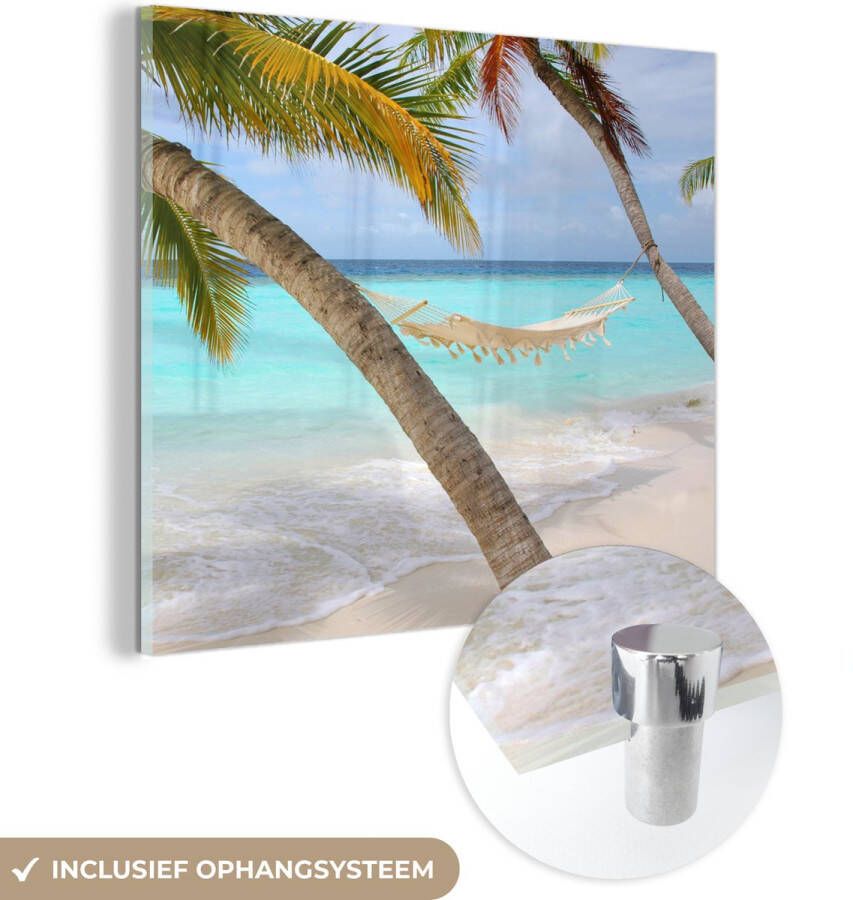 MuchoWow Glasschilderij 20x20 cm Schilderij acrylglas Hangmat Zee Strand Foto op glas Schilderijen