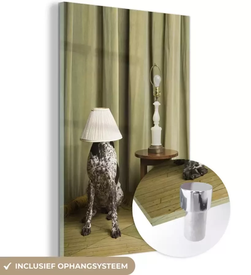 MuchoWow Glasschilderij 20x30 cm Schilderij glas Hond met een lampenkap op zijn hoofd Foto op acrylglas Schilderijen