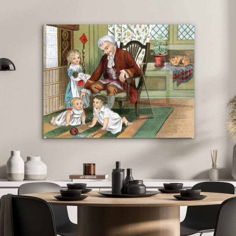 MuchoWow Glasschilderij 80x60 cm Schilderij glas Illustratie van een kinderkamer met drie kinderen en een volwassen persoon in een stoel Foto op acrylglas Schilderijen