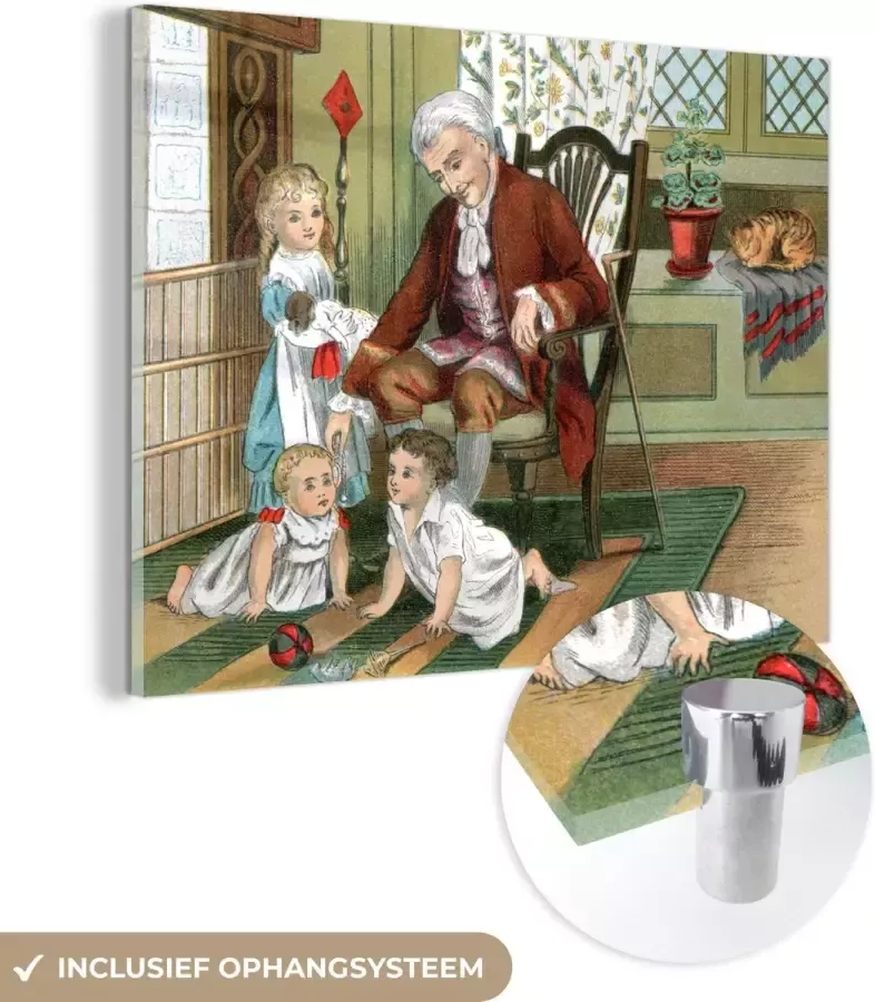 MuchoWow Glasschilderij 120x90 cm Schilderij glas Illustratie van een kinderkamer met drie kinderen en een volwassen persoon in een stoel Foto op acrylglas Schilderijen