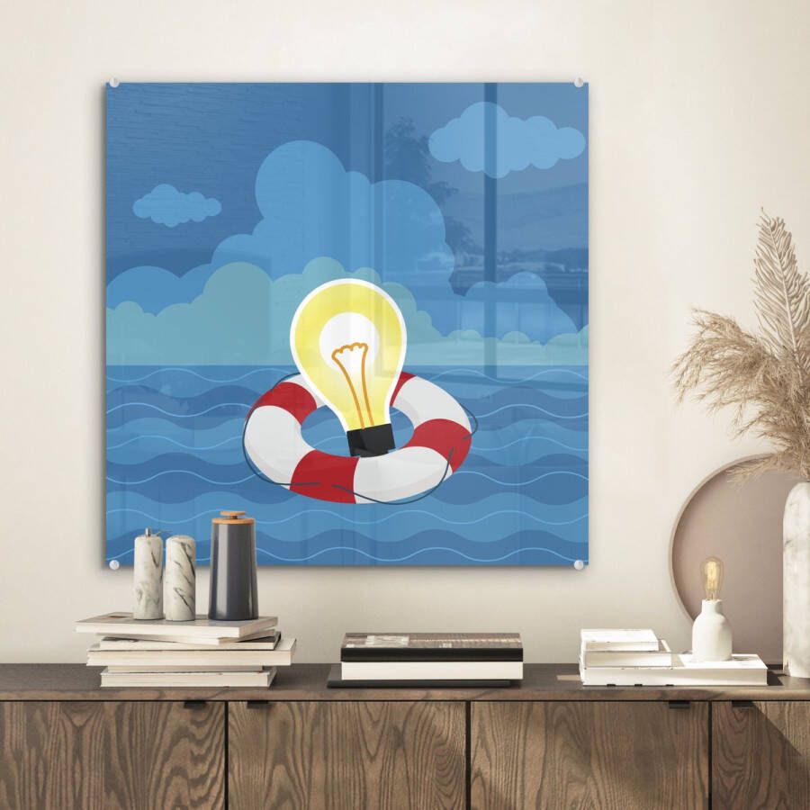 MuchoWow Glasschilderij 50x50 cm Schilderij acrylglas Illustratie van een lamp in een reddingsboei Foto op glas Schilderijen