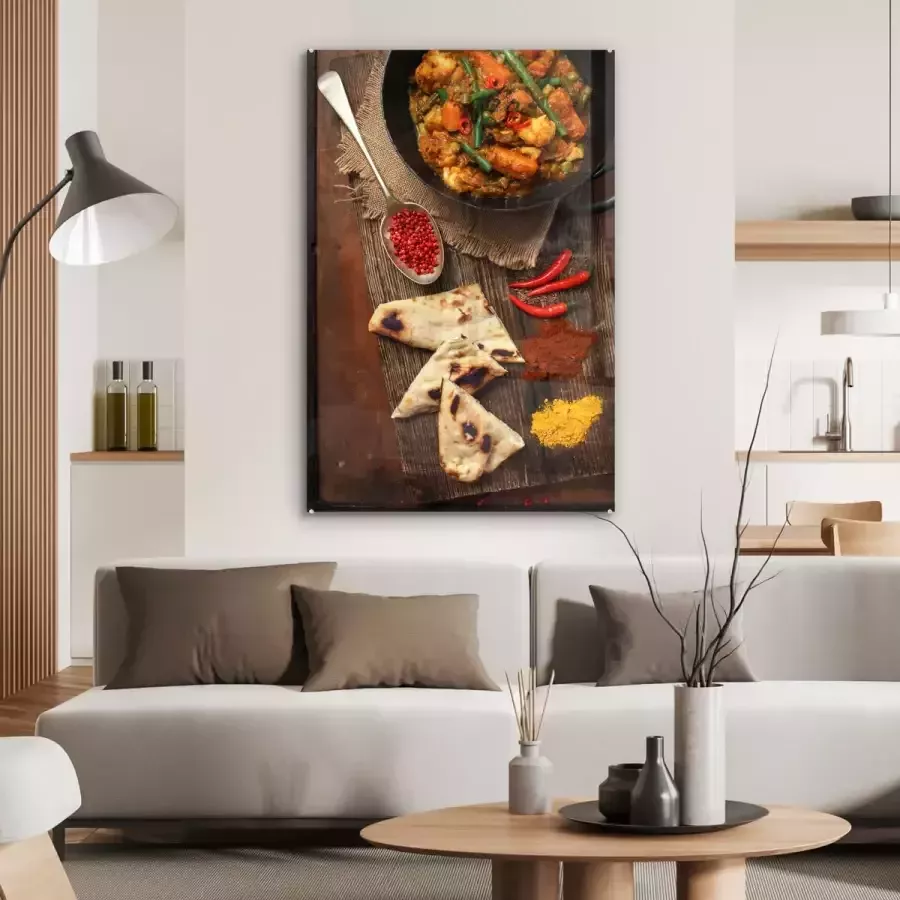 MuchoWow Glasschilderij 80x120 cm Schilderij acrylglas Indiaas eten op een donkerhouten tafel met een curry en naanbrood met specerijen Foto op glas Schilderijen - Foto 3