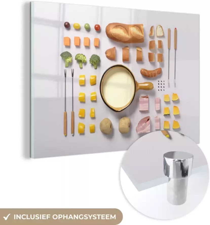 MuchoWow Glasschilderij 150x100 cm Schilderij acrylglas Kaas fontein items op tafel Foto op glas Schilderijen