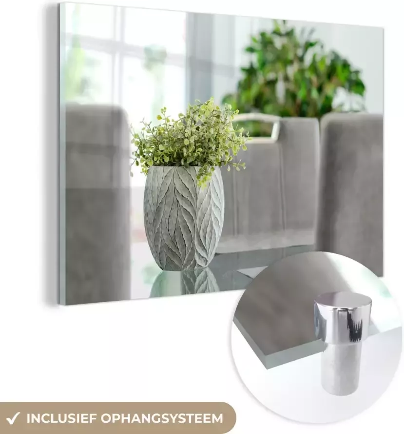 MuchoWow Glasschilderij 150x100 cm Schilderij acrylglas Kamerplant op een tafel Foto op glas Schilderijen