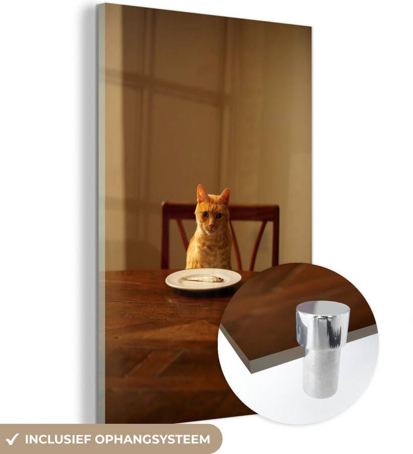 MuchoWow Glasschilderij 40x60 cm Schilderij acrylglas Kat Eettafel Bord Foto op glas Schilderijen