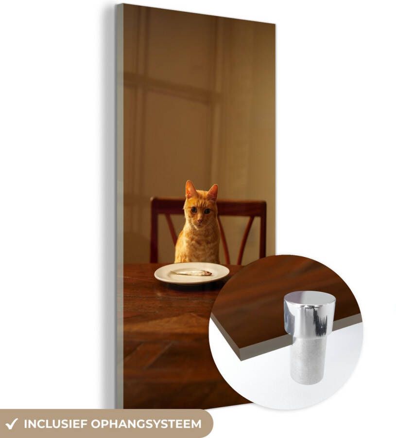 MuchoWow Glasschilderij 80x160 cm Schilderij acrylglas Kat Eettafel Bord Foto op glas Schilderijen