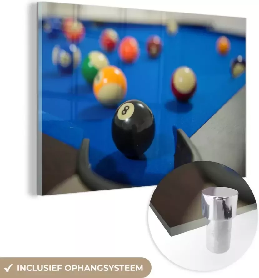 MuchoWow Glasschilderij 150x100 cm Schilderij glas Kleurrijke biljartballen liggen op een blauwe tafel Foto op acrylglas Schilderijen
