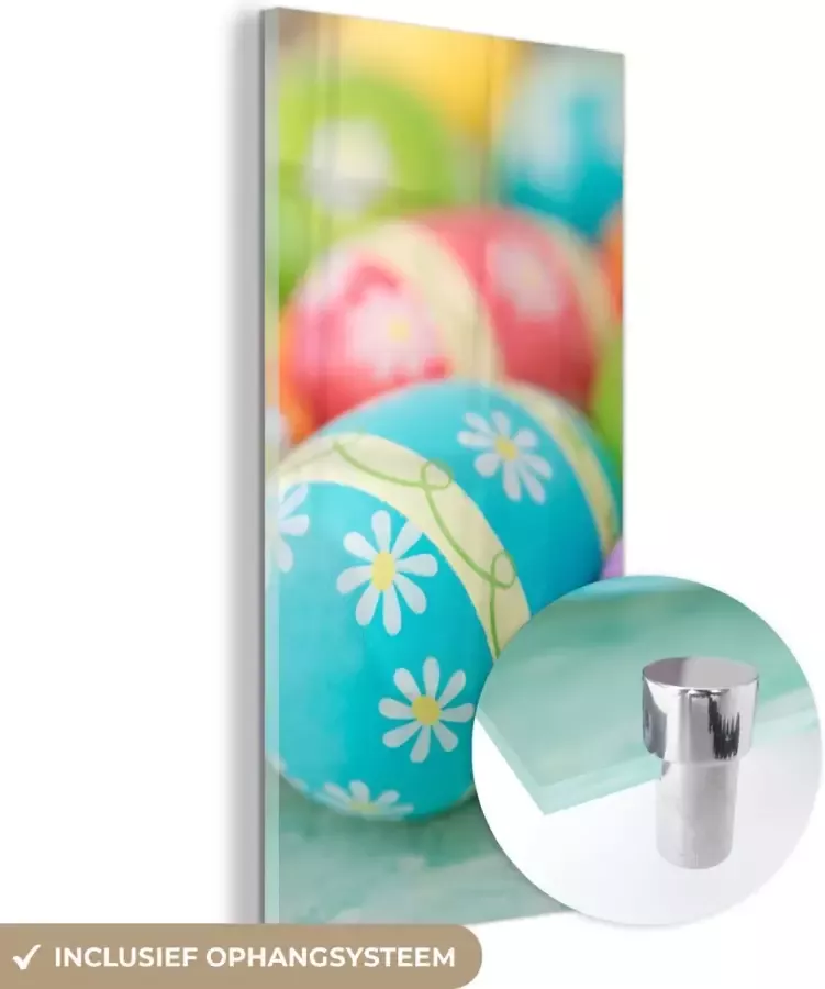 MuchoWow Glasschilderij 40x80 cm Schilderij glas Kleurrijke paaseieren uitgestald op een tafel voor Pasen Foto op acrylglas Schilderijen - Foto 2