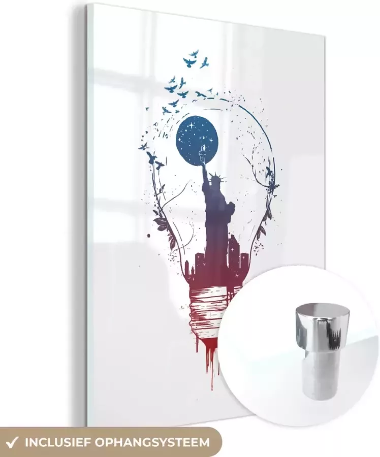 MuchoWow Glasschilderij 60x80 cm Schilderij acrylglas Lamp New York Nacht Natuur Foto op glas Schilderijen