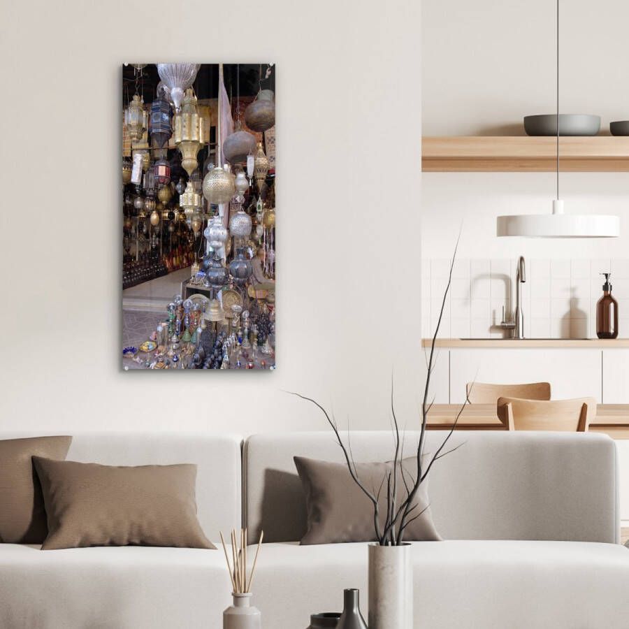 MuchoWow Glasschilderij 40x80 cm Schilderij acrylglas Lampen op Djemaa-El-Fna markt in Marokko Foto op glas Schilderijen - Foto 2