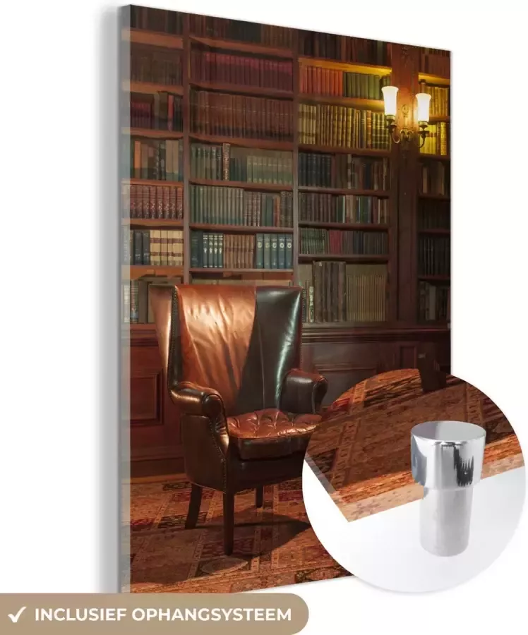 MuchoWow Glasschilderij 60x80 cm Schilderij glas Lege stoel in de bibliotheek Foto op acrylglas Schilderijen