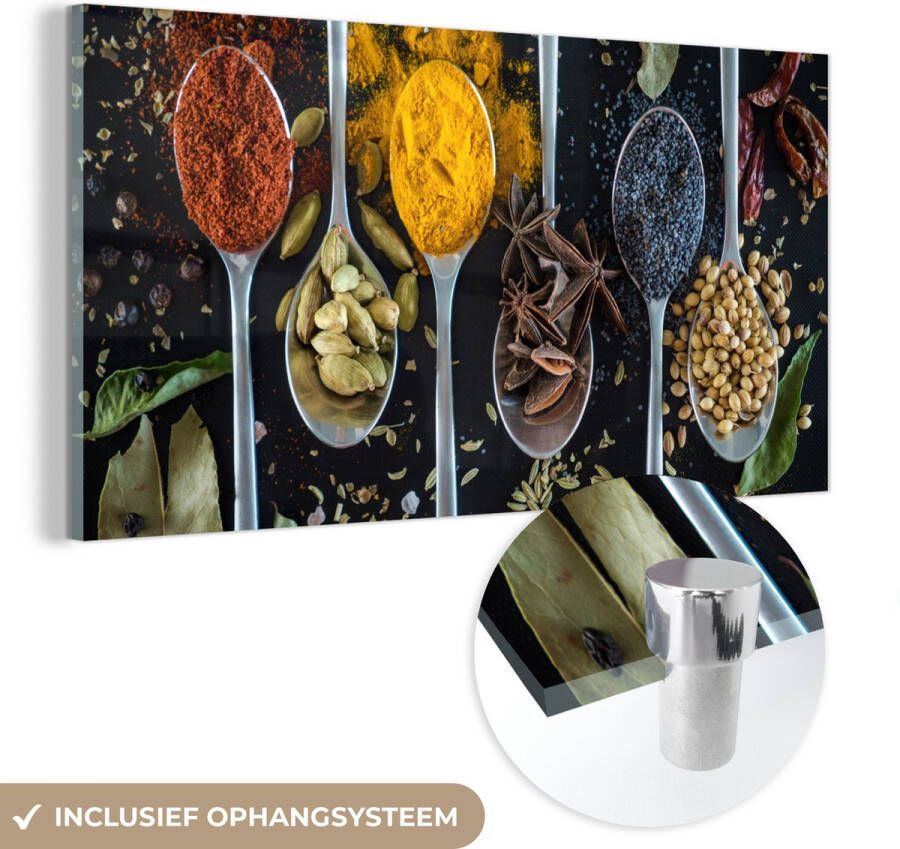 MuchoWow Glasschilderij 160x80 cm Schilderij glas Lepel Specerijen Kruiden Eten Tafel Foto op acrylglas Schilderijen