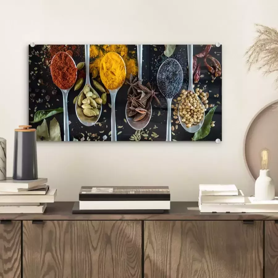 MuchoWow Glasschilderij 40x20 cm Schilderij acrylglas Lepel Specerijen Kruiden Eten Tafel Foto op glas Schilderijen - Foto 2