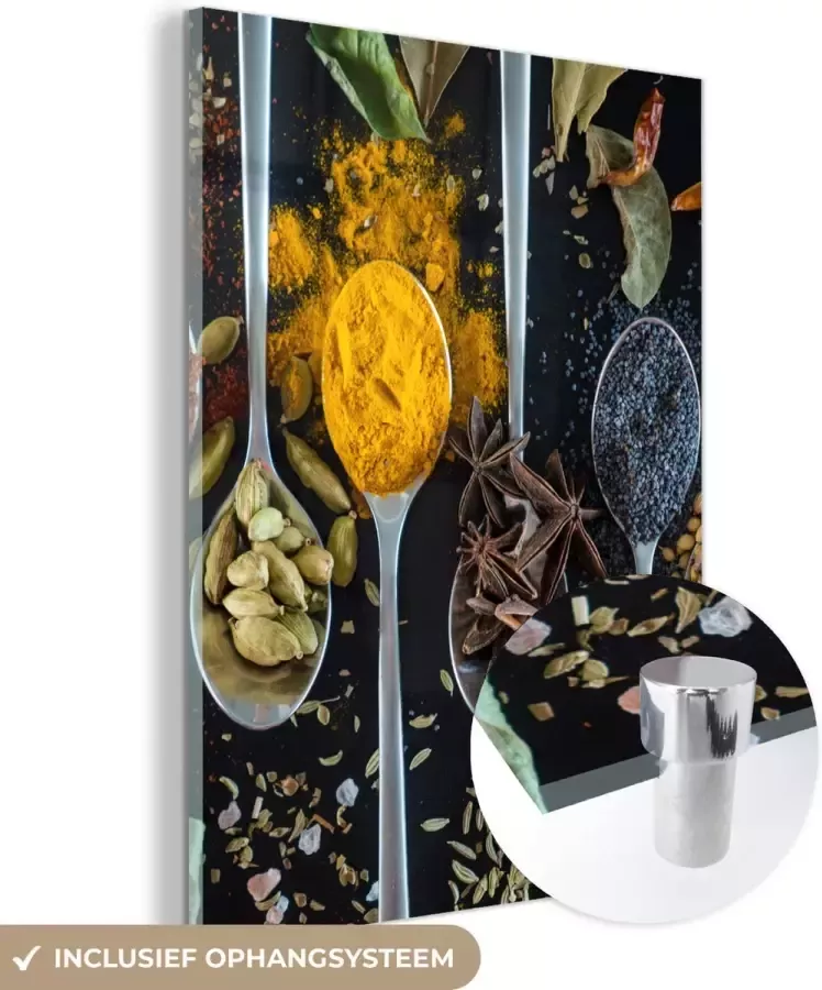 MuchoWow Glasschilderij 60x80 cm Schilderij glas Lepel Specerijen Kruiden Eten Tafel Foto op acrylglas Schilderijen