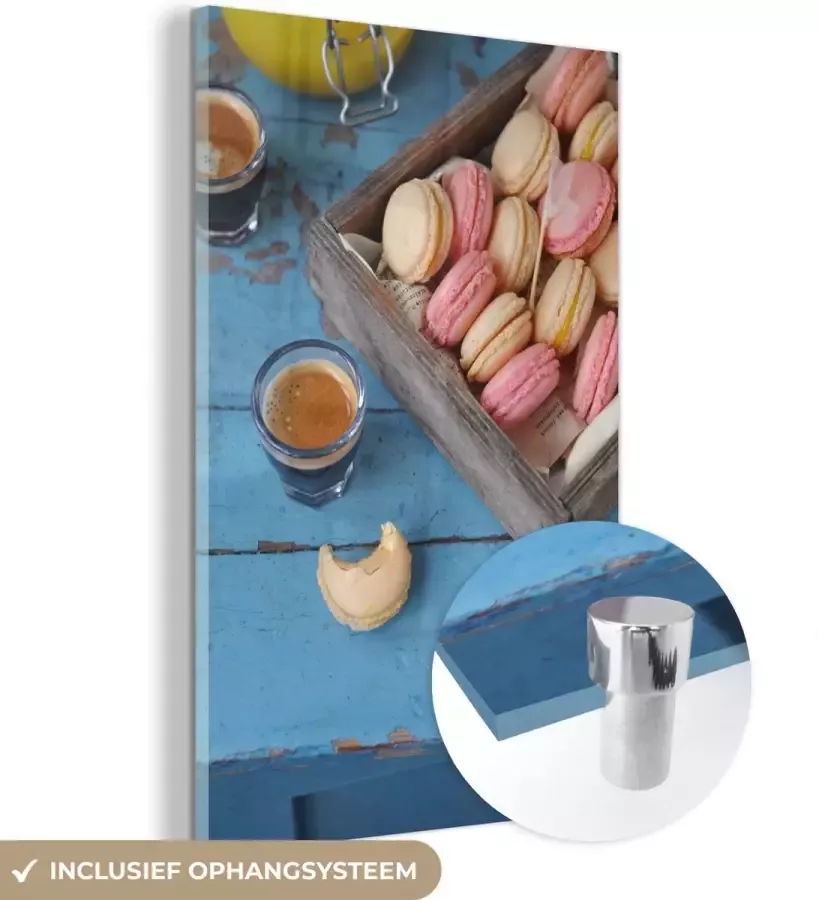 MuchoWow Glasschilderij 40x60 cm Schilderij glas Macarons in doos op tafel Foto op acrylglas Schilderijen