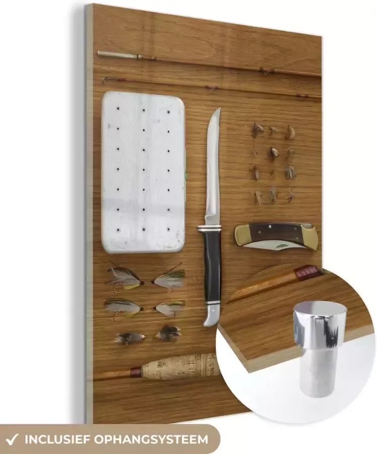 MuchoWow Glasschilderij 120x160 cm Schilderij glas Materiaal voor het vliegvissen op een tafel Foto op acrylglas Schilderijen