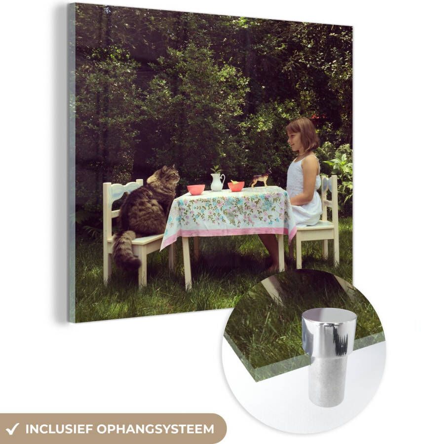 MuchoWow Glasschilderij 90x90 cm Schilderij glas Meisje Kat Tafel Foto op acrylglas Schilderijen