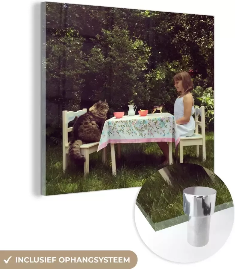 MuchoWow Glasschilderij 90x90 cm Schilderij glas Meisje Kat Tafel Foto op acrylglas Schilderijen - Foto 2