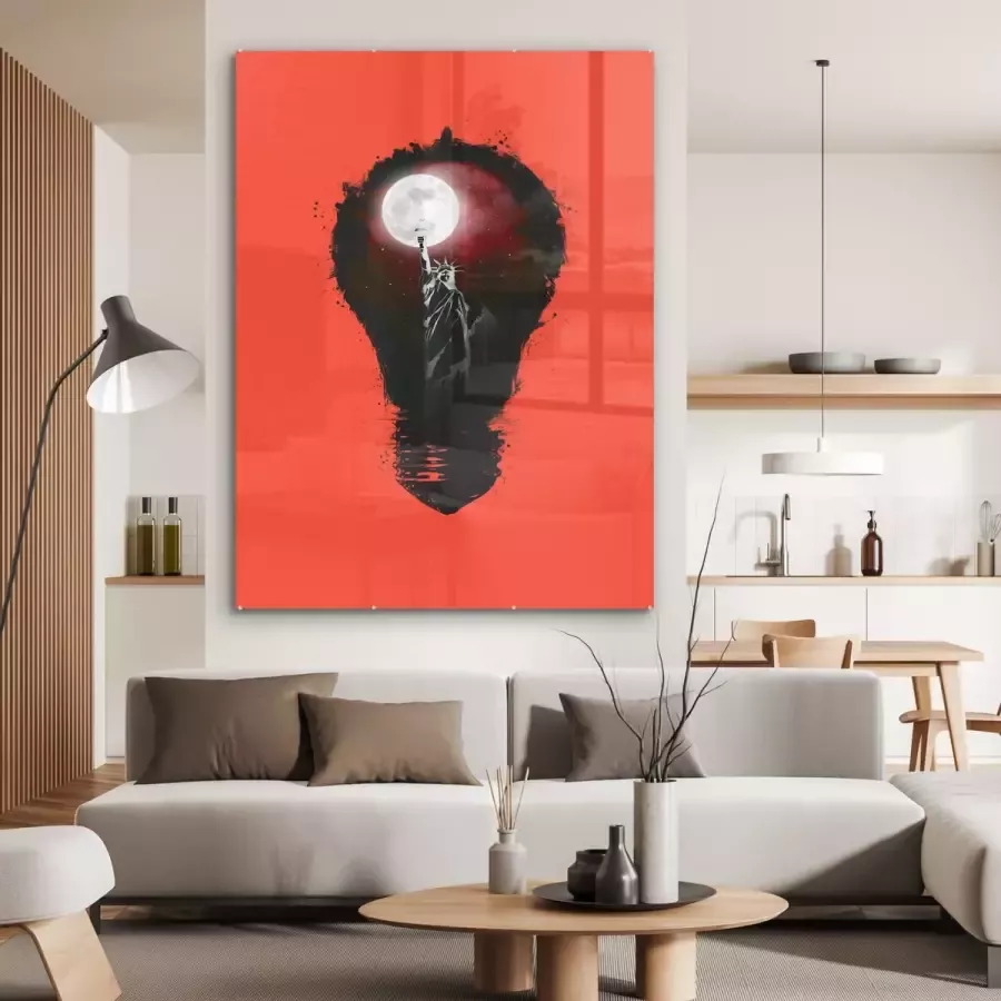 MuchoWow Glasschilderij 120x160 cm Schilderij acrylglas New York Nacht Lamp Rood Foto op glas Schilderijen