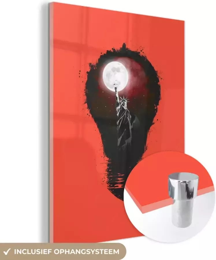 MuchoWow Glasschilderij 30x40 cm Schilderij acrylglas New York Nacht Lamp Rood Foto op glas Schilderijen