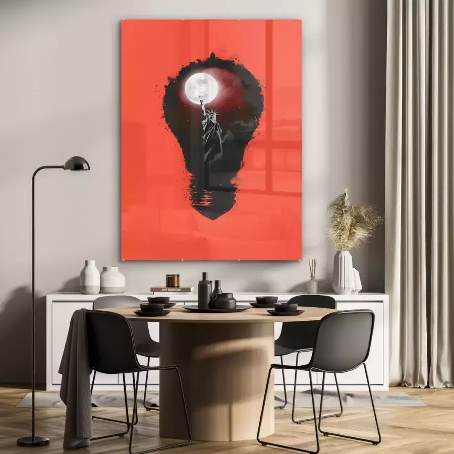 MuchoWow Glasschilderij 90x120 cm Schilderij glas New York Nacht Lamp Rood Foto op acrylglas Schilderijen