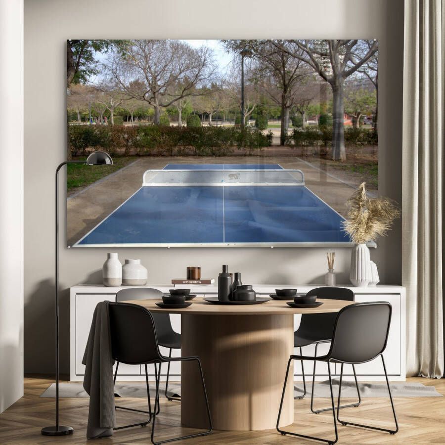 MuchoWow Glasschilderij 150x100 cm Schilderij acrylglas Openbare tafel om tafeltennis te spelen Foto op glas Schilderijen - Foto 2