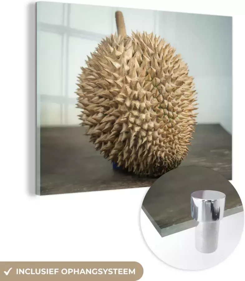 MuchoWow Glasschilderij 80x60 cm Schilderij glas Oude doerian met uitgewassen kleuren op donker houten tafel Foto op acrylglas Schilderijen