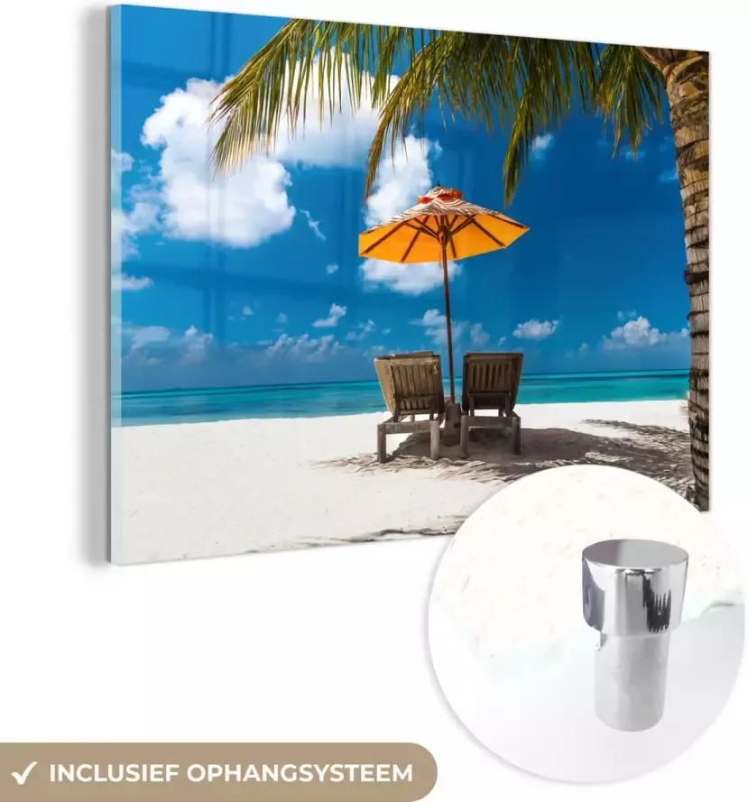 MuchoWow Glasschilderij 150x100 cm Schilderij acrylglas Palm Parasol Strandstoel Foto op glas Schilderijen