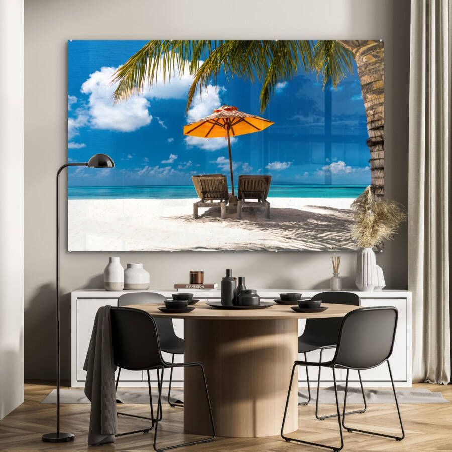MuchoWow Glasschilderij 180x120 cm Schilderij glas Palm Parasol Strandstoel Foto op acrylglas Schilderijen - Foto 2