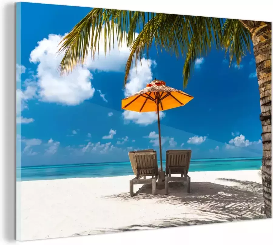 Glasschilderij 30x20 cm Schilderij acrylglas Palm Parasol Strandstoel Foto op glas Muurdecoratie woonkamer Wanddecoratie slaapkamer Schilderijen