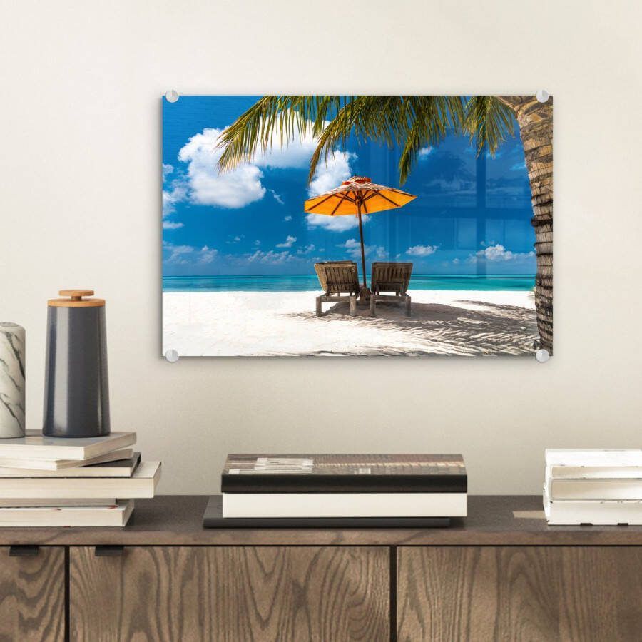 Glasschilderij 30x20 cm Schilderij acrylglas Palm Parasol Strandstoel Foto op glas Muurdecoratie woonkamer Wanddecoratie slaapkamer Schilderijen - Foto 2