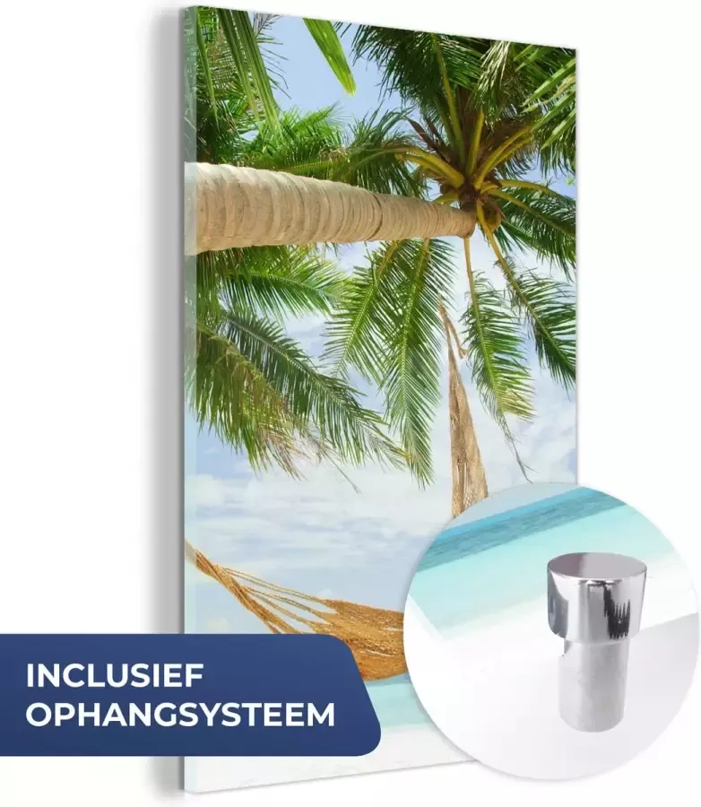 MuchoWow Glasschilderij 100x150 cm Schilderij glas Palmbomen Hangmat Zomer Zee Foto op acrylglas Schilderijen - Foto 3