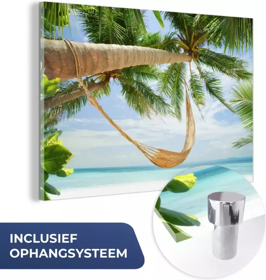 MuchoWow Glasschilderij 150x100 cm Schilderij acrylglas Palmbomen Hangmat Zomer Zee Foto op glas Schilderijen - Foto 2