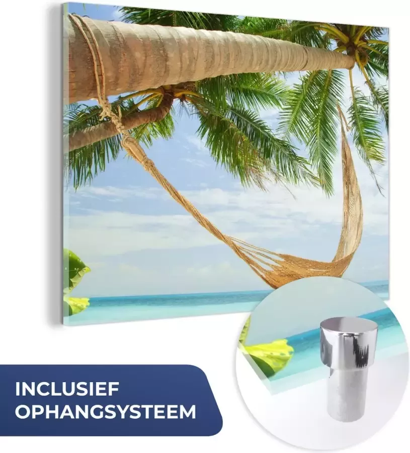 MuchoWow Glasschilderij 160x120 cm Schilderij acrylglas Palmbomen Hangmat Zomer Zee Foto op glas Schilderijen - Foto 2