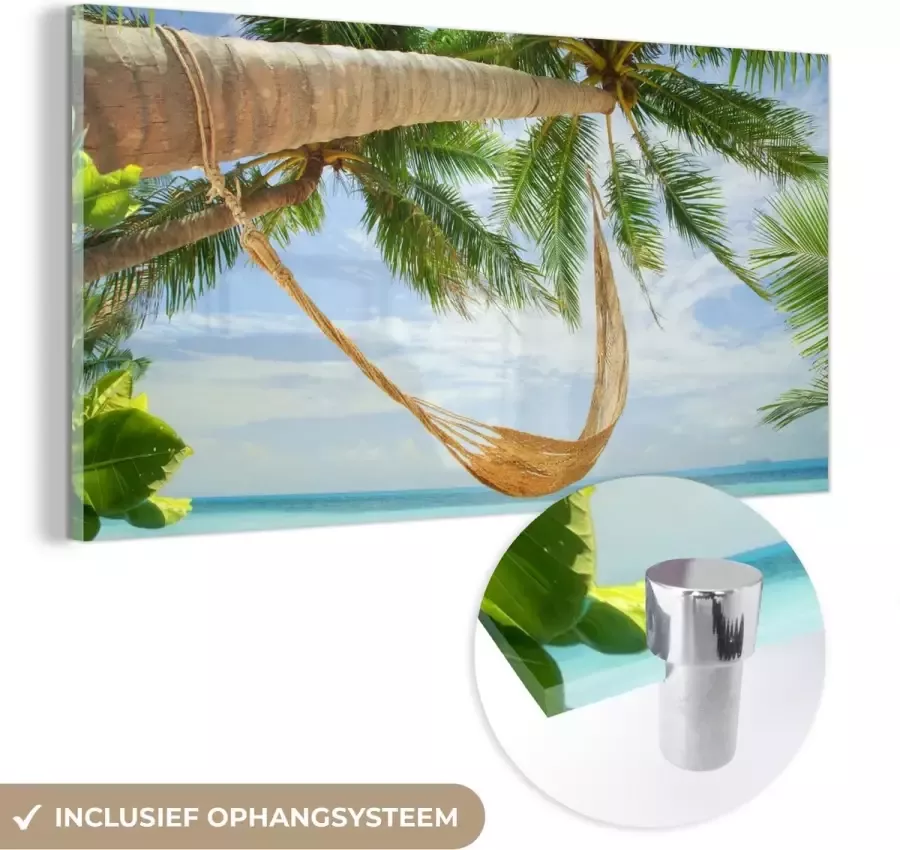MuchoWow Glasschilderij 160x80 cm Schilderij glas Palmbomen Hangmat Zomer Zee Foto op acrylglas Schilderijen