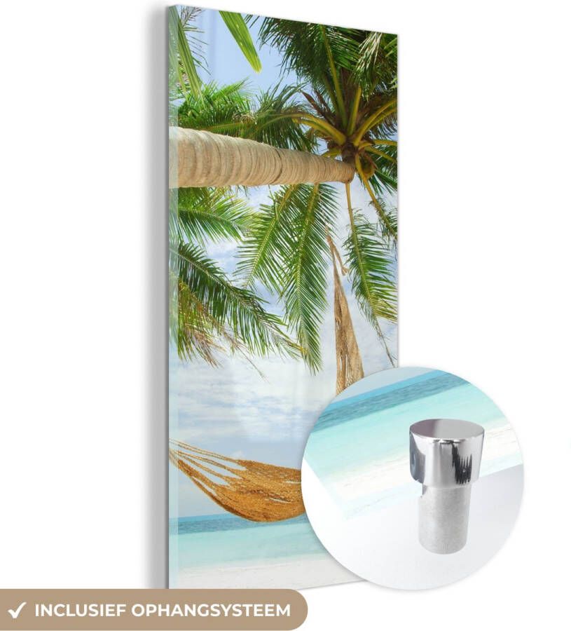 MuchoWow Glasschilderij 20x40 cm Schilderij acrylglas Palmbomen Hangmat Zomer Zee Foto op glas Schilderijen