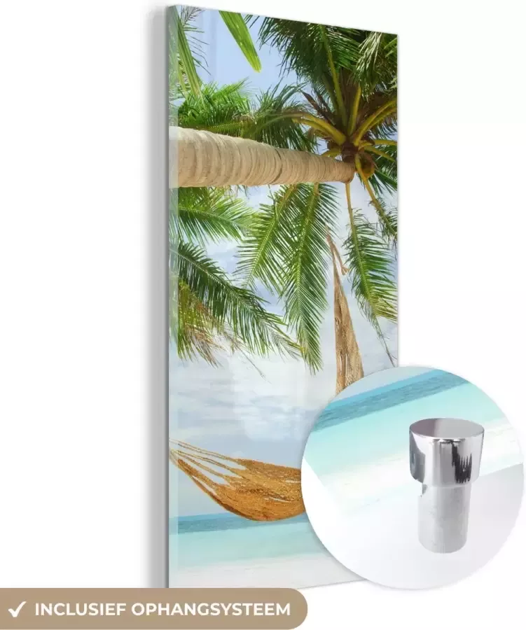 MuchoWow Glasschilderij 20x40 cm Schilderij acrylglas Palmbomen Hangmat Zomer Zee Foto op glas Schilderijen - Foto 2