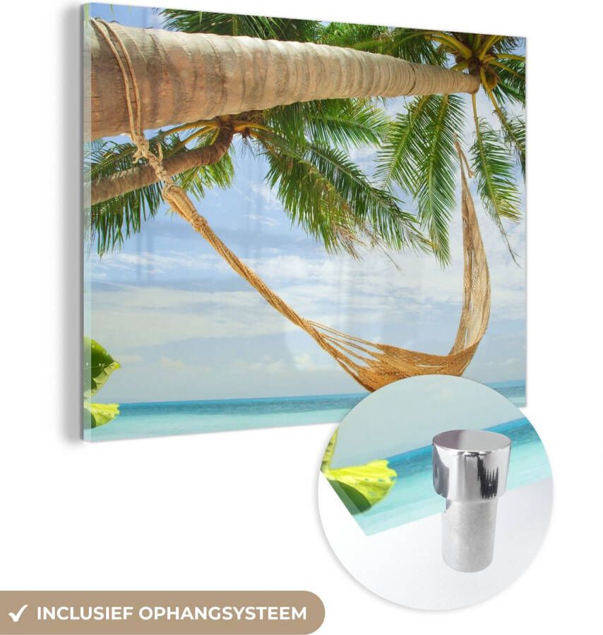 MuchoWow Glasschilderij 40x30 cm Schilderij glas Palmbomen Hangmat Zomer Zee Foto op acrylglas Schilderijen