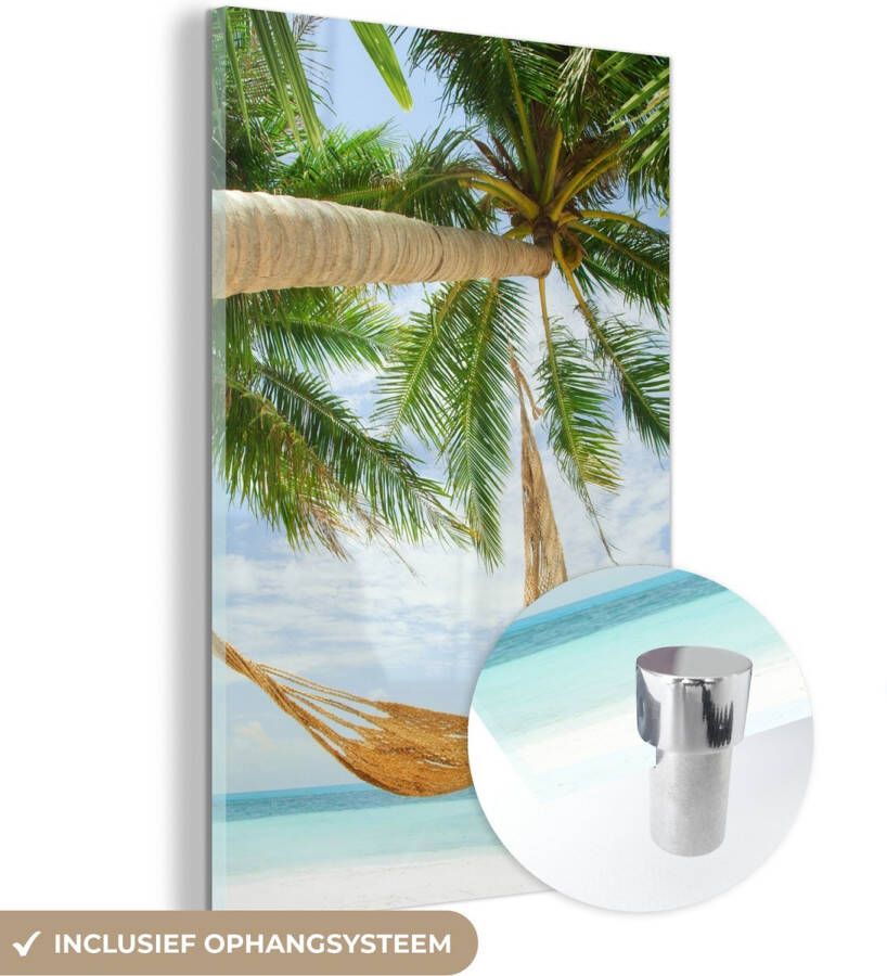 MuchoWow Glasschilderij 40x60 cm Schilderij acrylglas Palmbomen Hangmat Zomer Zee Foto op glas Schilderijen