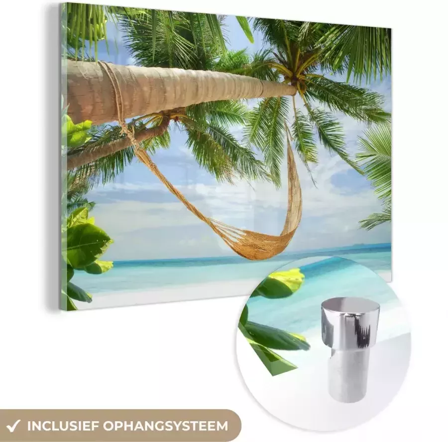 MuchoWow Glasschilderij 90x60 cm Schilderij acrylglas Palmbomen Hangmat Zomer Zee Foto op glas Schilderijen